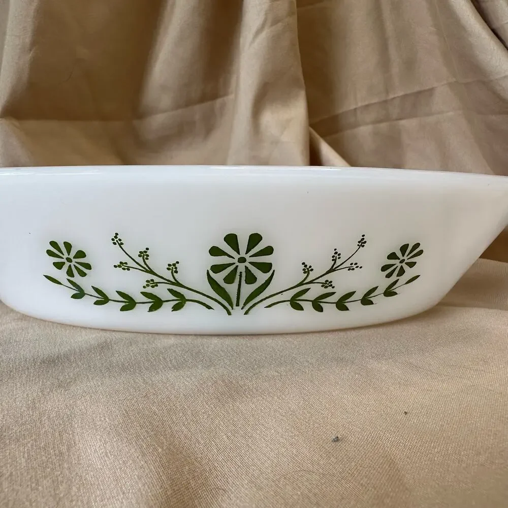 Vintage Glasbake Divided Baking Dish White with Green Flowers